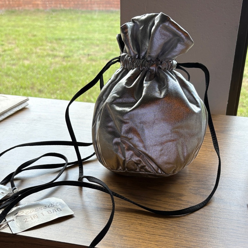 Silver and black satin Drawstring Bag reversible two in one bag new with tags